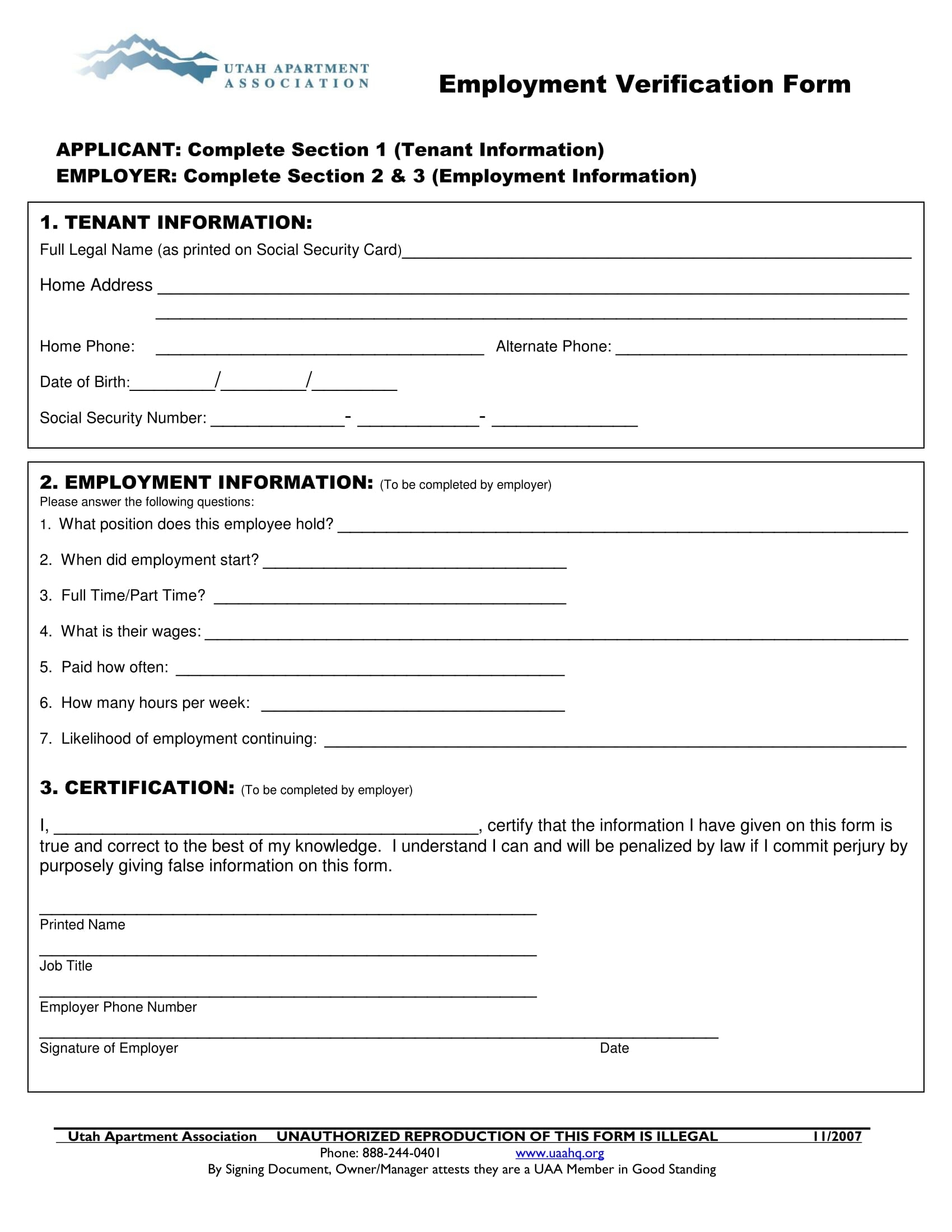 Free Fillable Employment Verification Form Printable Forms Free Online