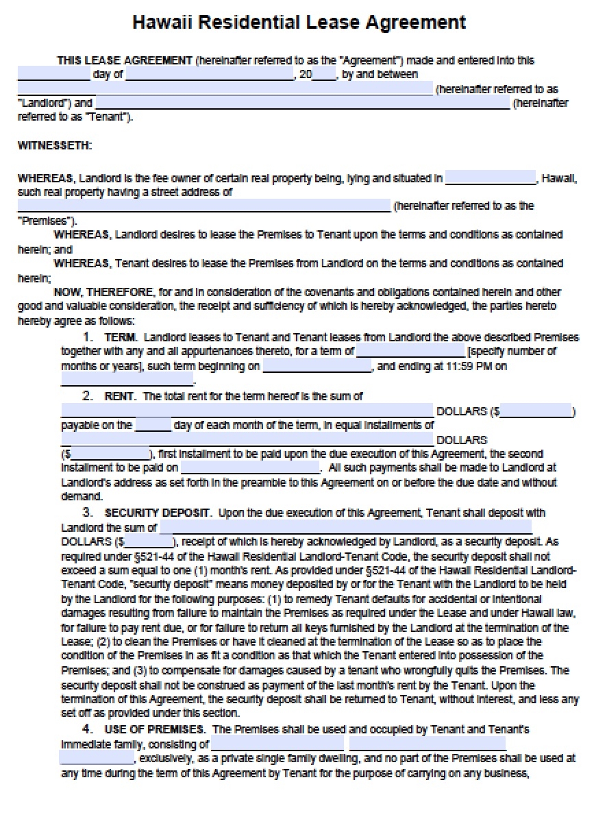 Free Hawaii Standard Residential Lease Agreement Template PDF Word