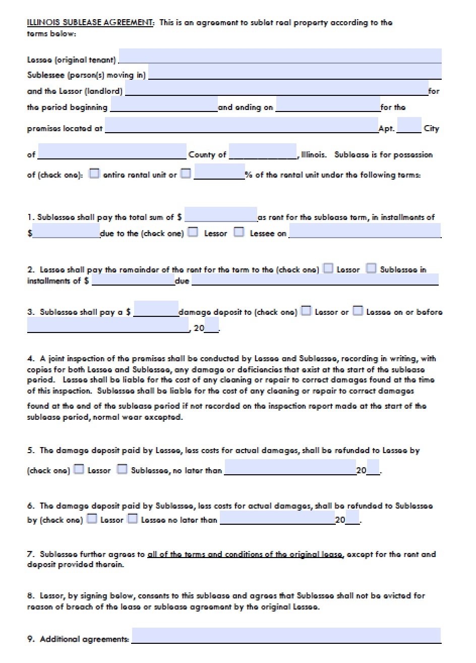 Free Illinois Sublease Agreement Template PDF Word
