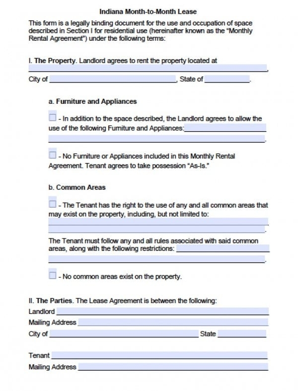 Free Indiana Month To Month Lease Agreement PDF Word Doc Printable 
