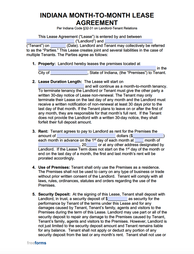 Free Indiana Month to Month Lease Agreement PDF WORD