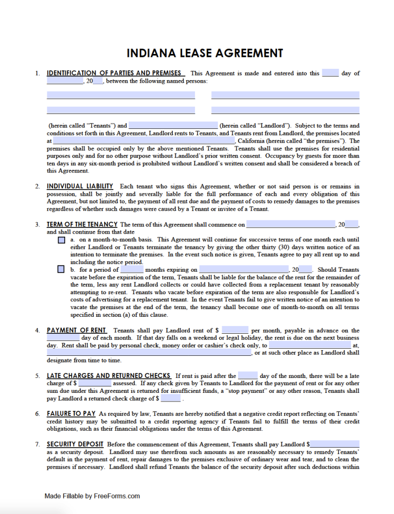 Free Indiana Standard Residential Lease Agreement Template PDF WORD
