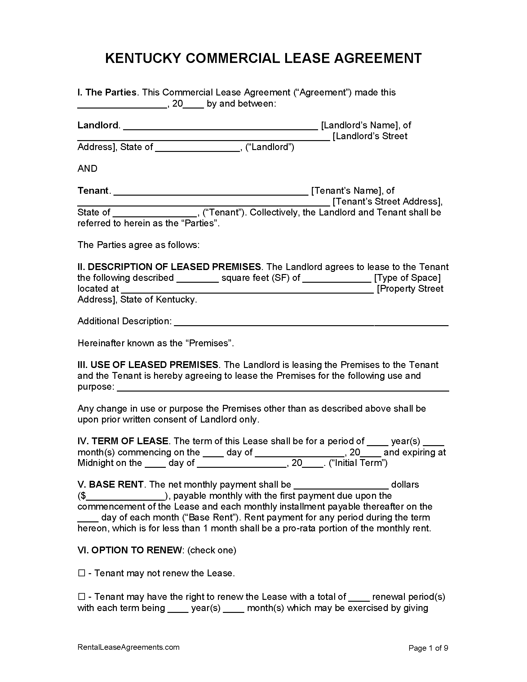 Free Kentucky Commercial Lease Agreement PDF MS Word
