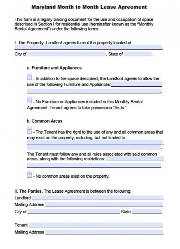 Free Maryland Month to Month Lease Agreement PDF Word doc 