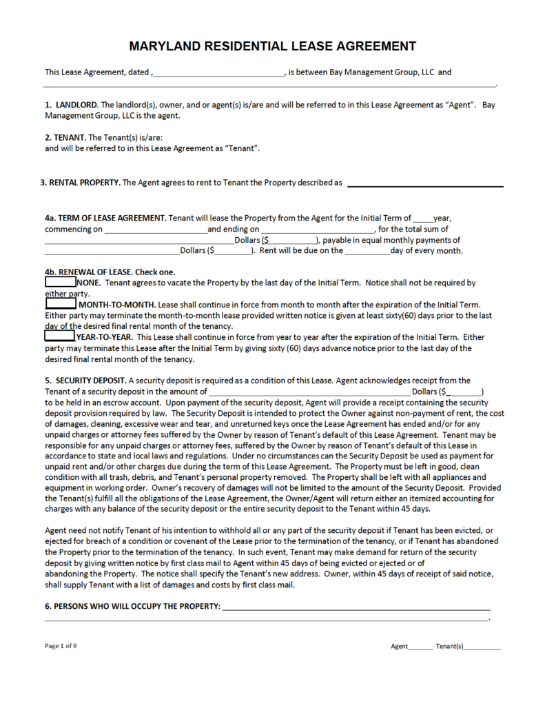 Free Maryland Standard Residential Lease Agreement PDF WORD Printable 
