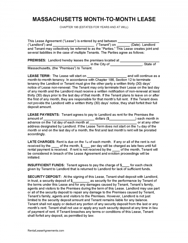 Free Massachusetts Month to Month Rental Agreement PDF MS Word