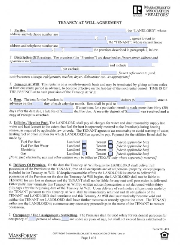 Free Massachusetts Month to Month Tenancy At Will Lease Agreements 
