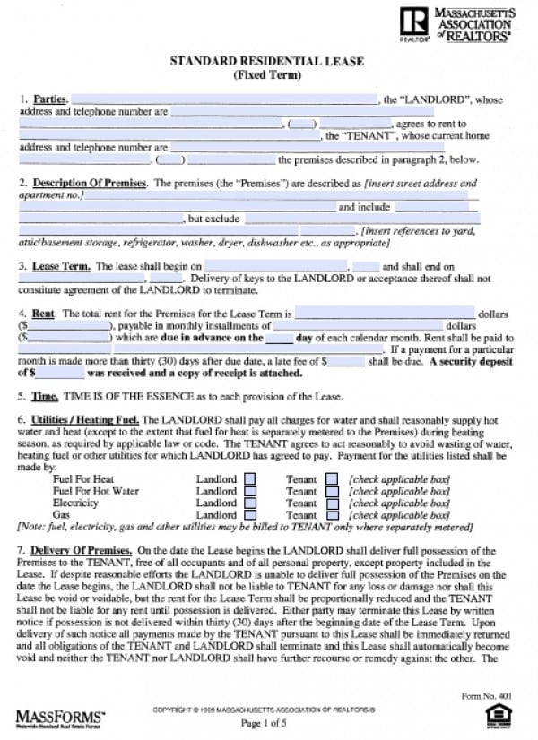 Free Massachusetts One 1 Year Residential Lease Agreement PDF 