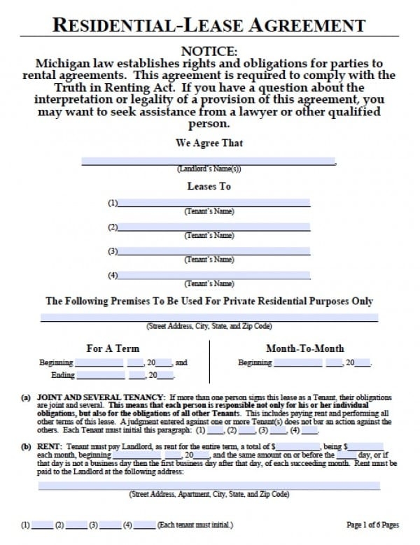 Free Michigan Month to Month Lease Agreement PDF Word doc 