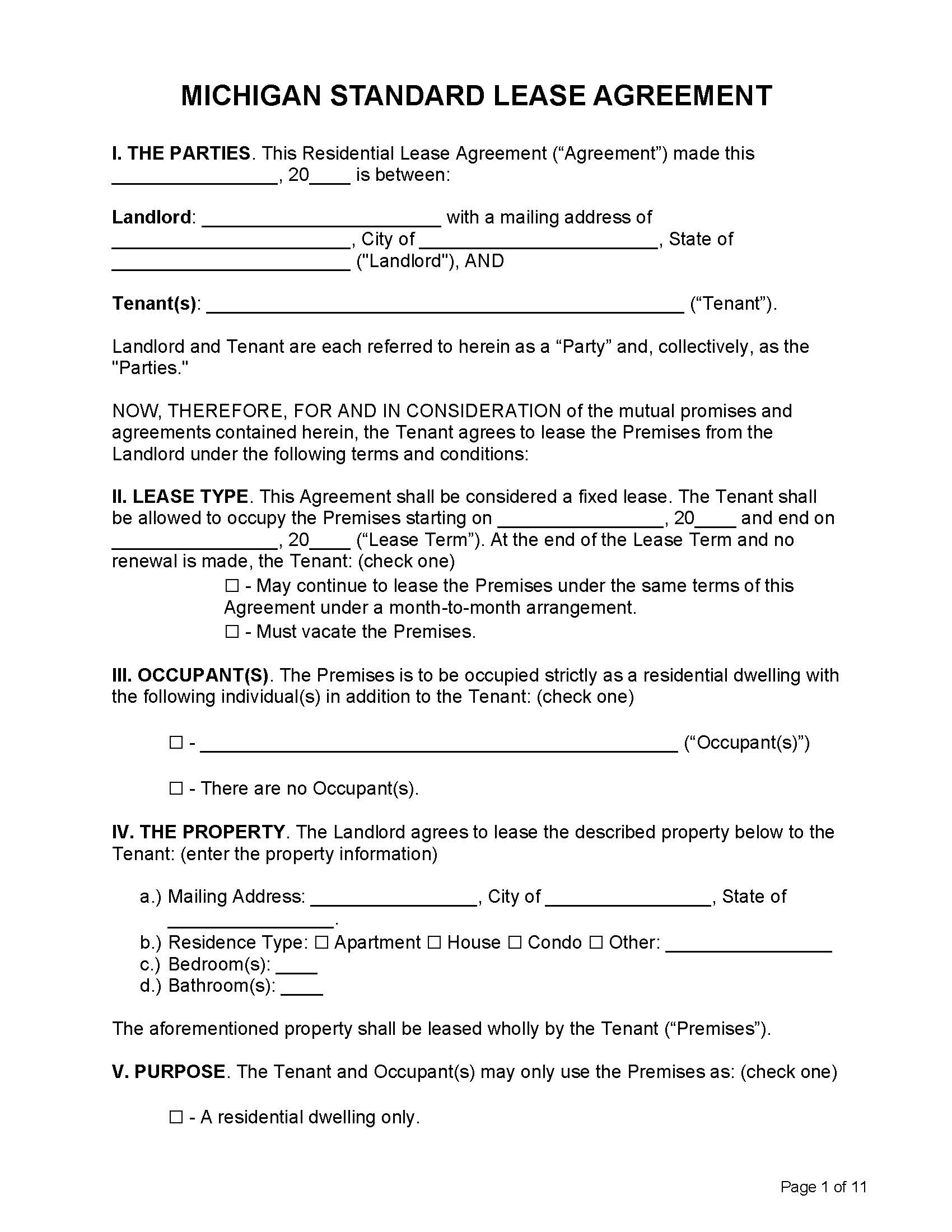 Free Michigan Rental Lease Agreement Templates PDF Word