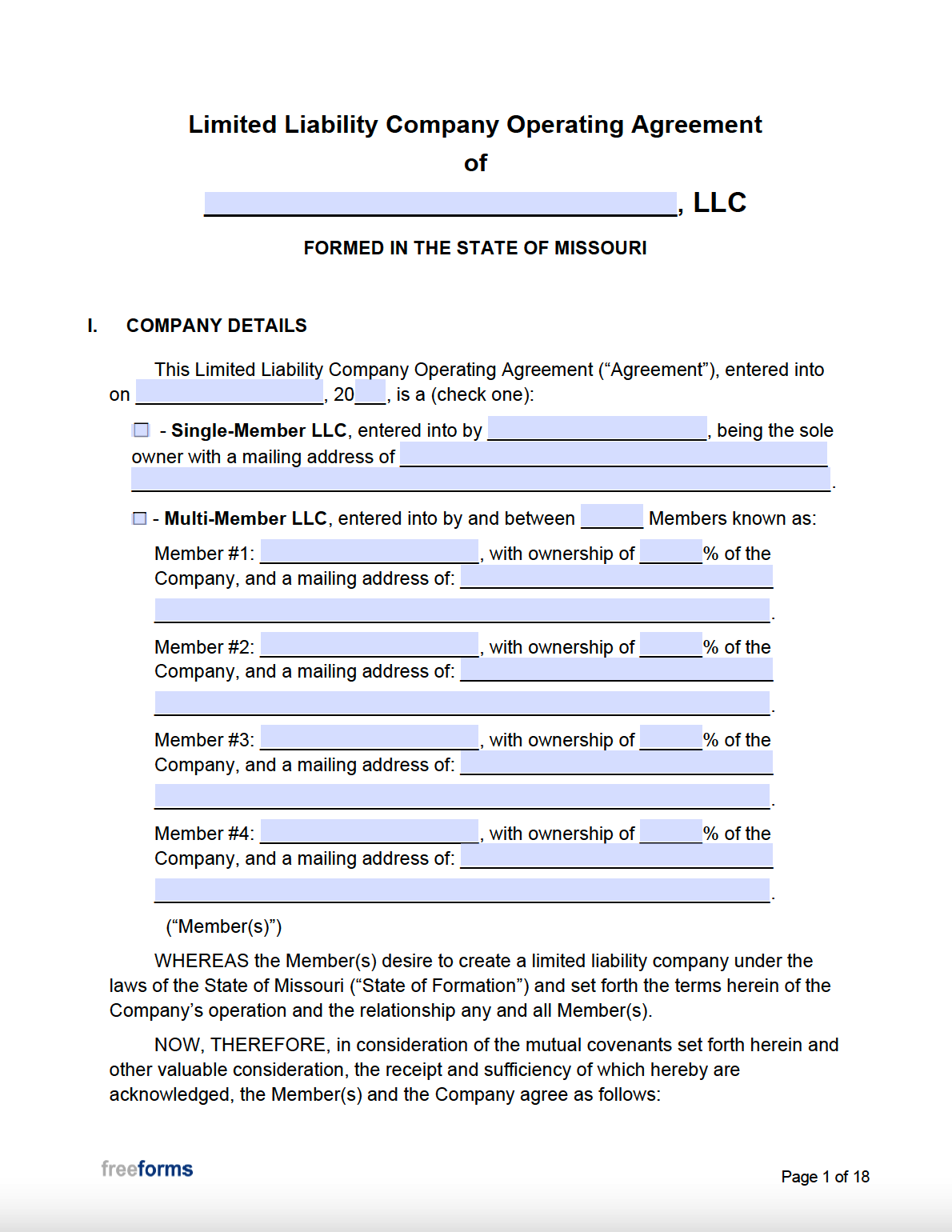 Free Missouri LLC Operating Agreement Template PDF WORD