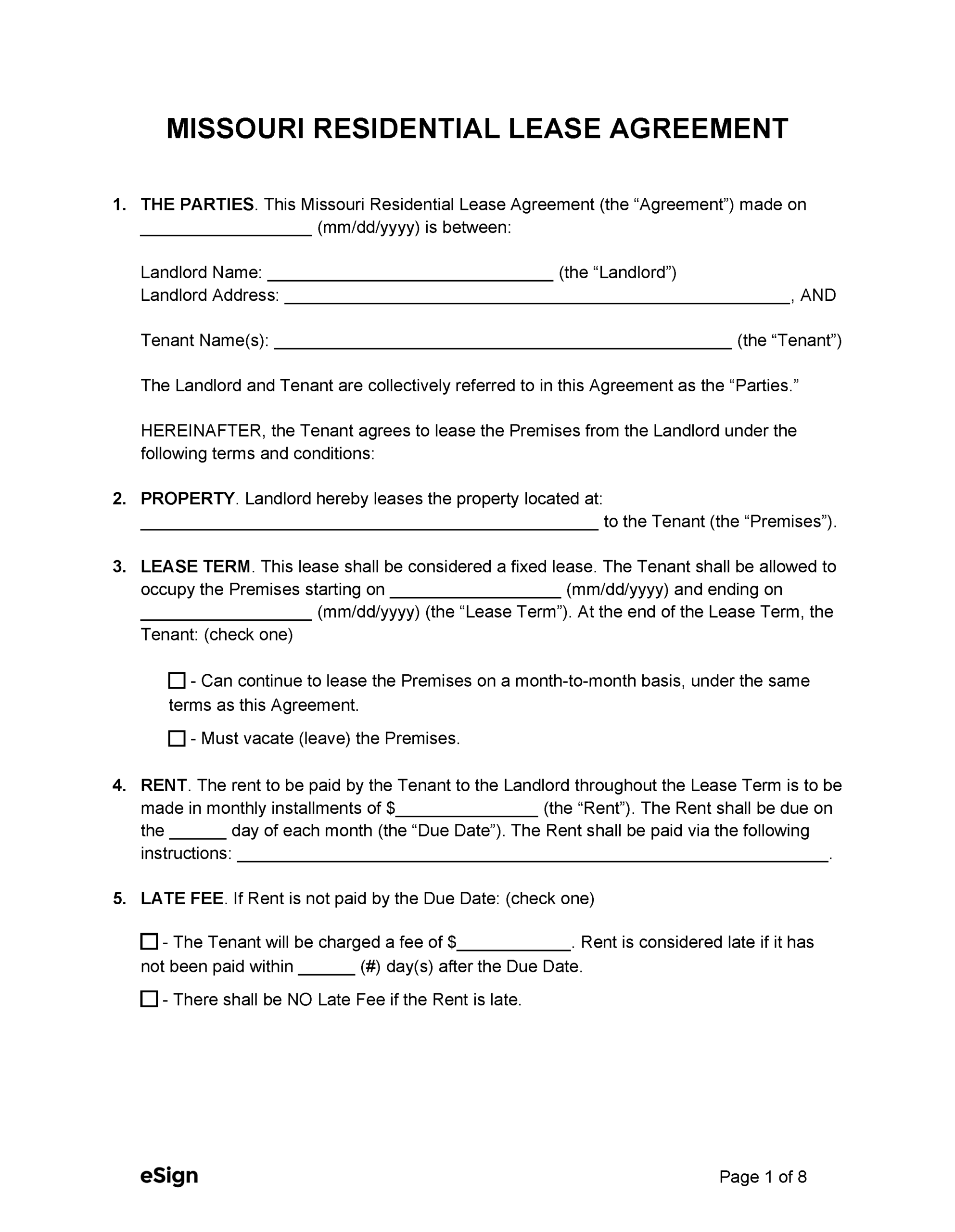Free Missouri Standard Residential Lease Agreement PDF Word Printable 