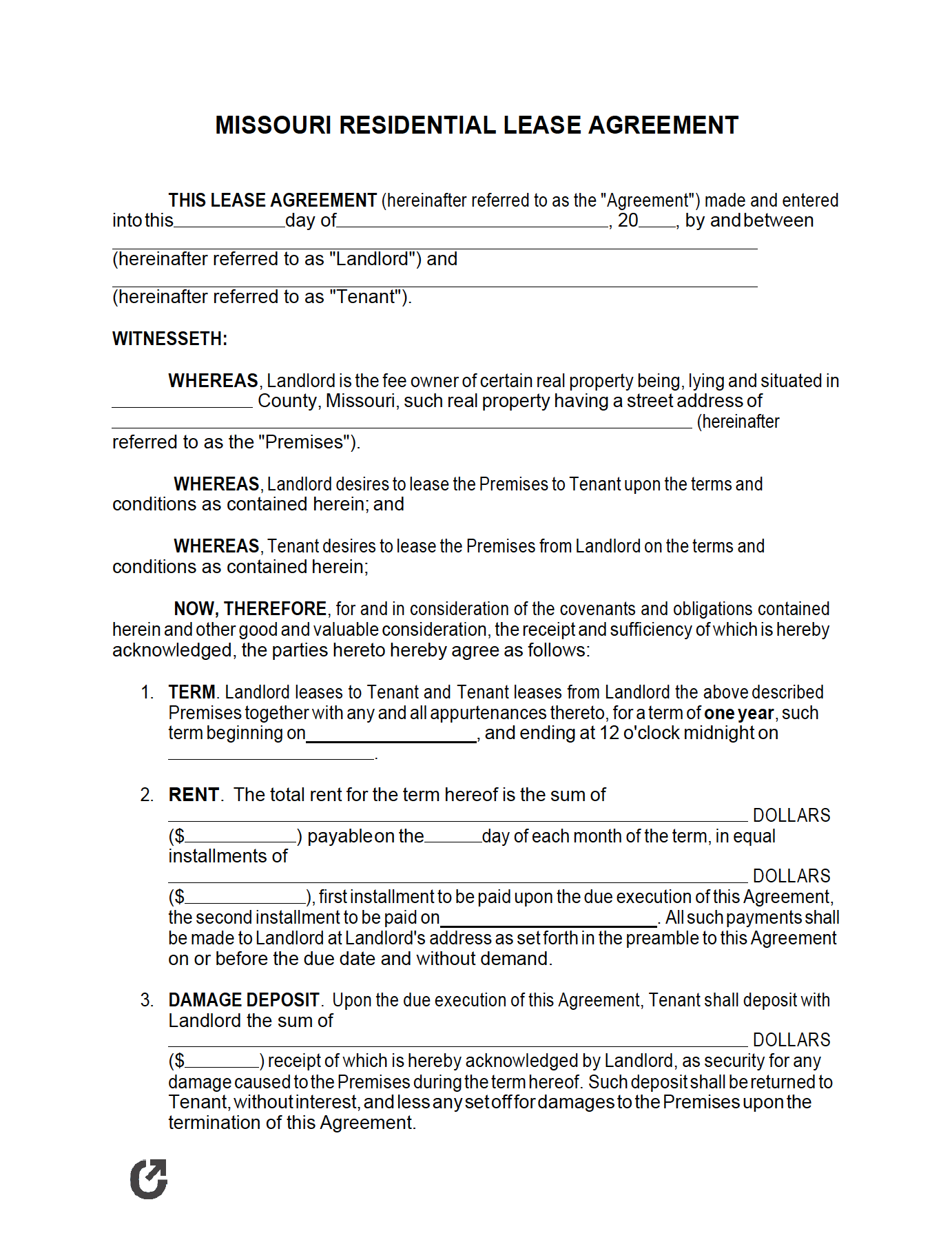 Free Missouri Standard Residential Lease Agreement PDF WORD