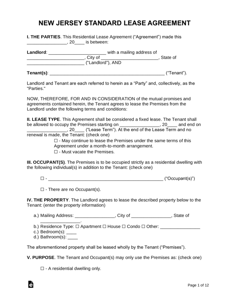 Free New Jersey Standard Residential Lease Agreement Form Word PDF 