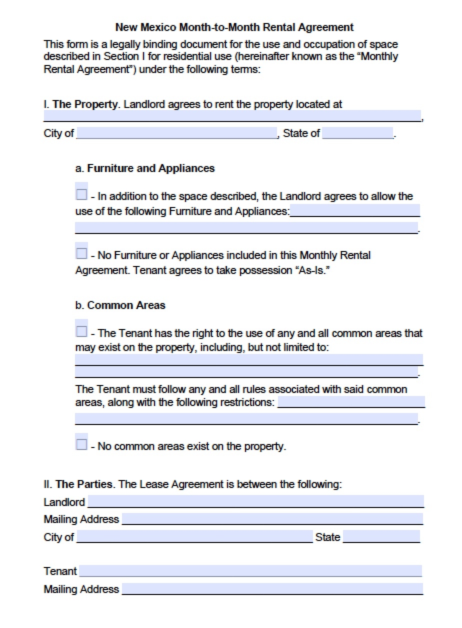 Free New Mexico Month to Month Lease Agreement Template PDF Word