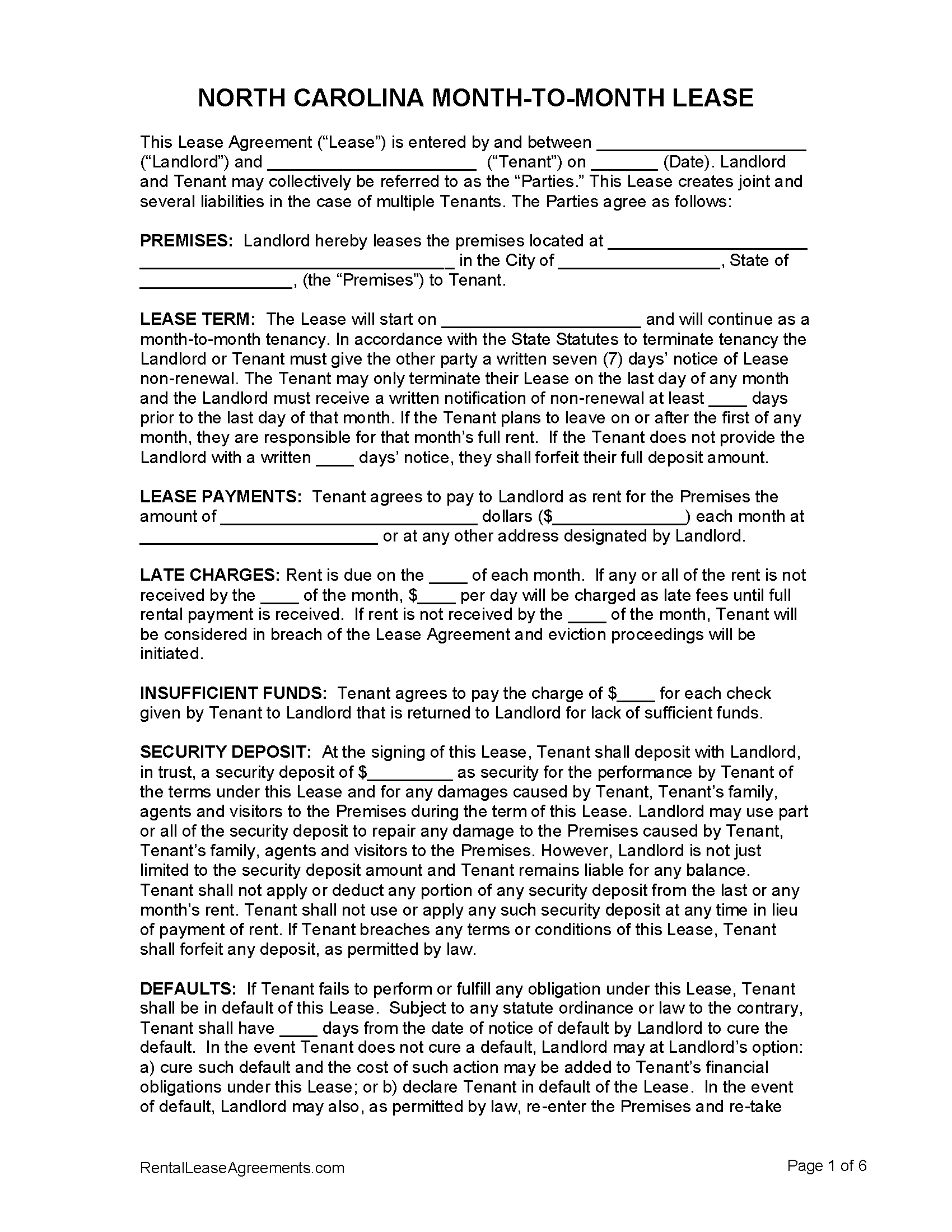 Free North Carolina Month to Month Rental Agreement PDF MS Word