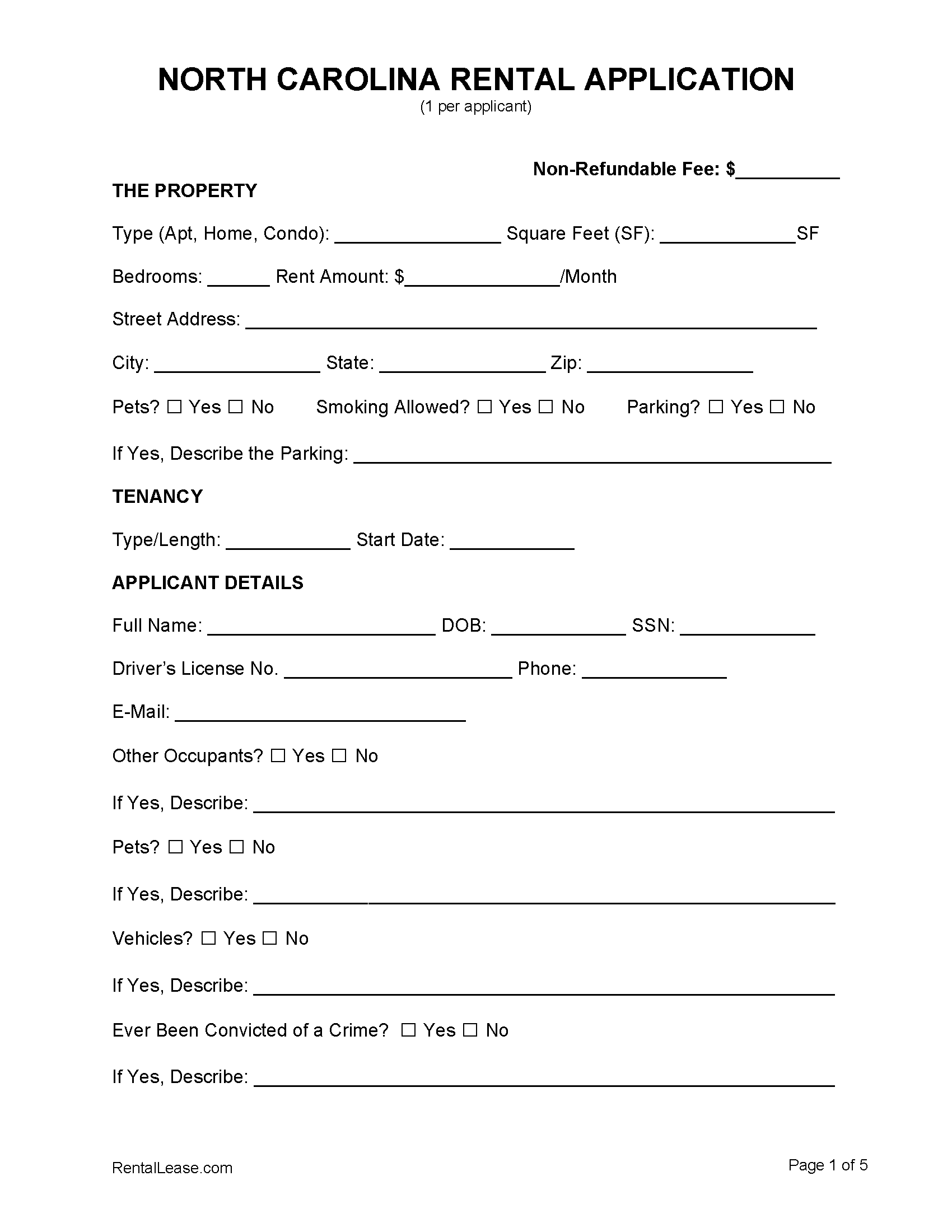 Free North Carolina Rental Application Template PDF Word