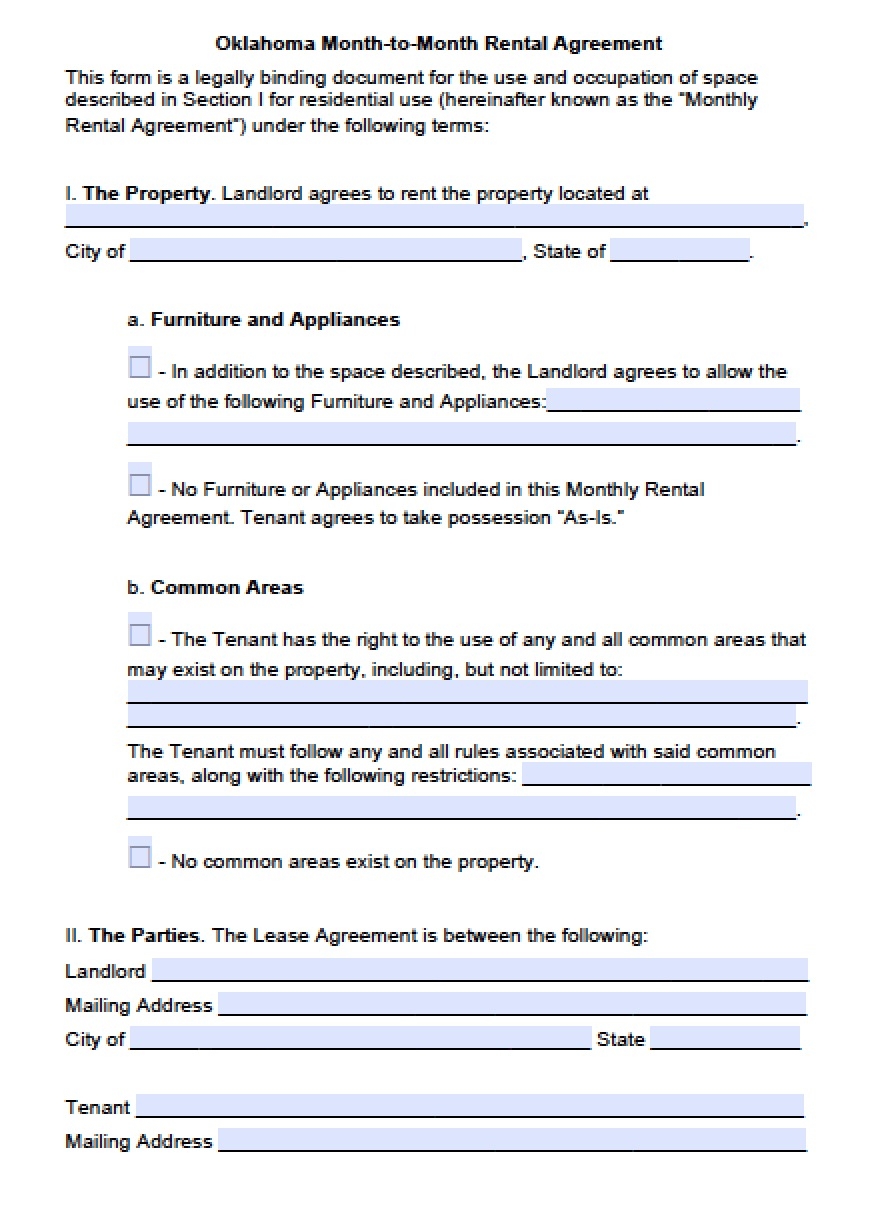 Free Oklahoma Month to Month Lease Agreement Template PDF Word