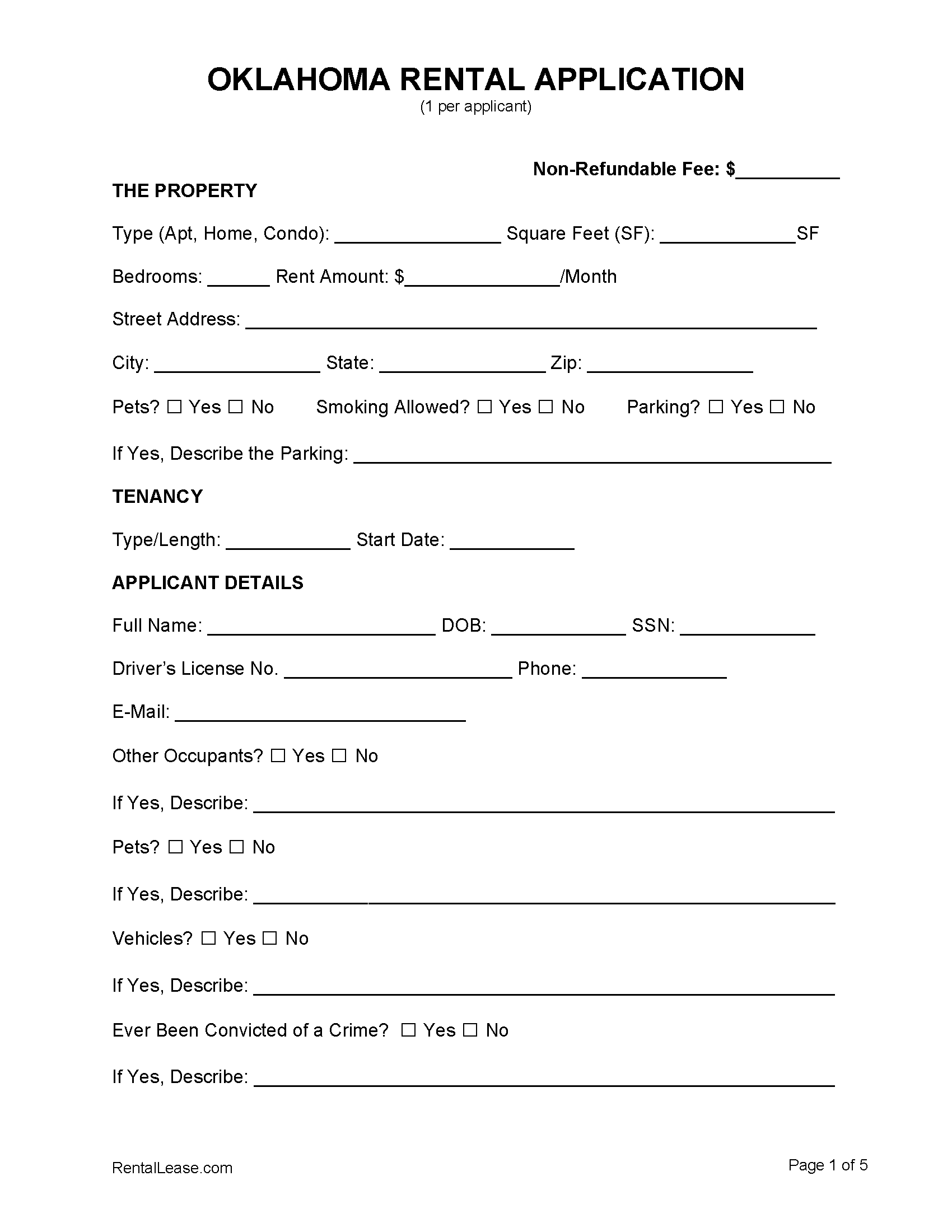 Free Oklahoma Rental Application Template PDF Word