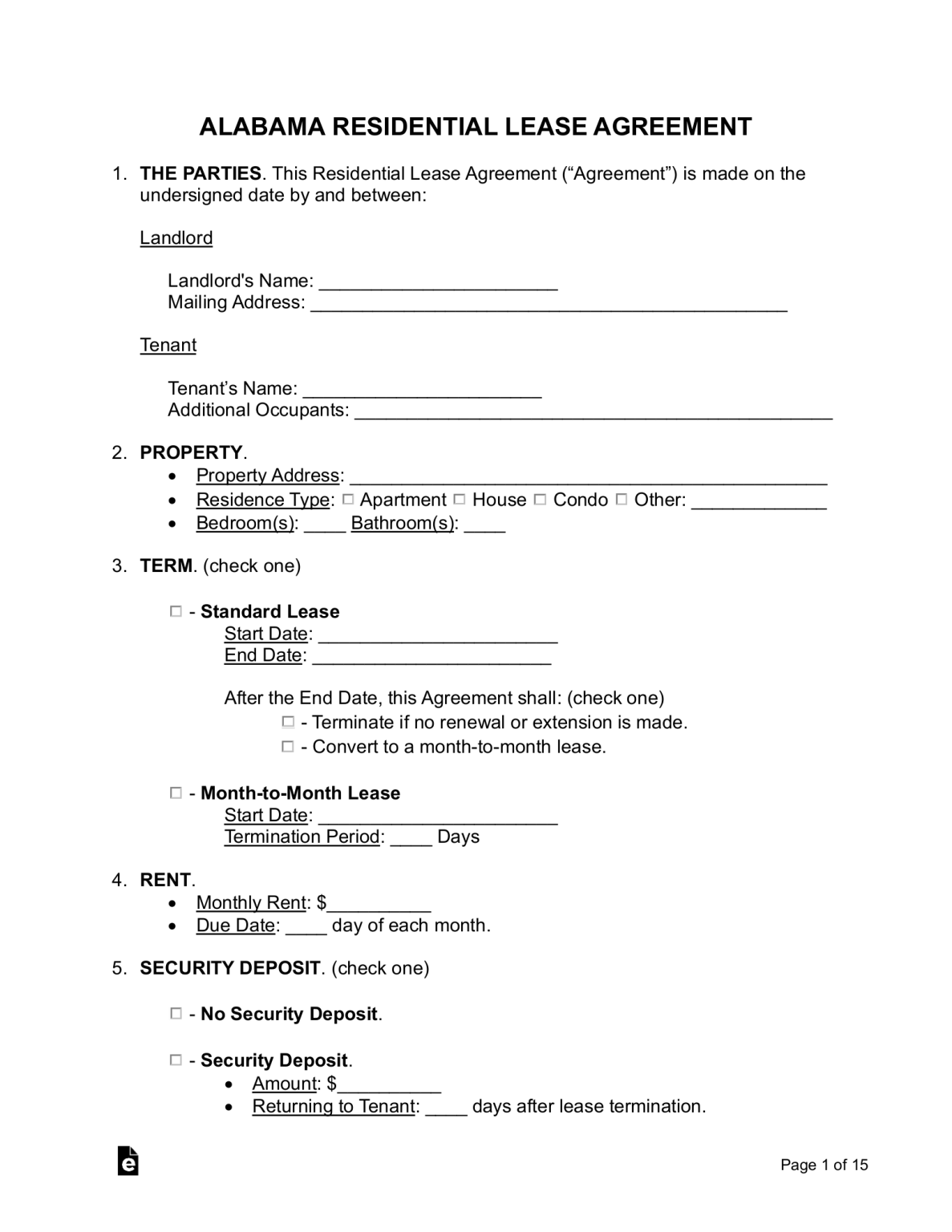 Free Printable Alabama Rental Agreement