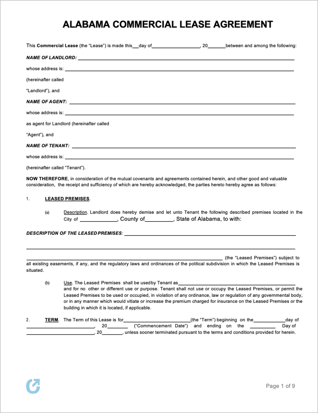 Free Printable Alabama Residential Lease Agreement