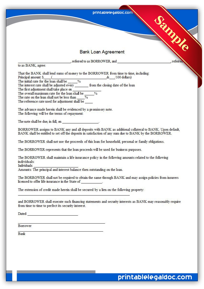 Free Printable Bank Loan Agreement Form GENERIC 