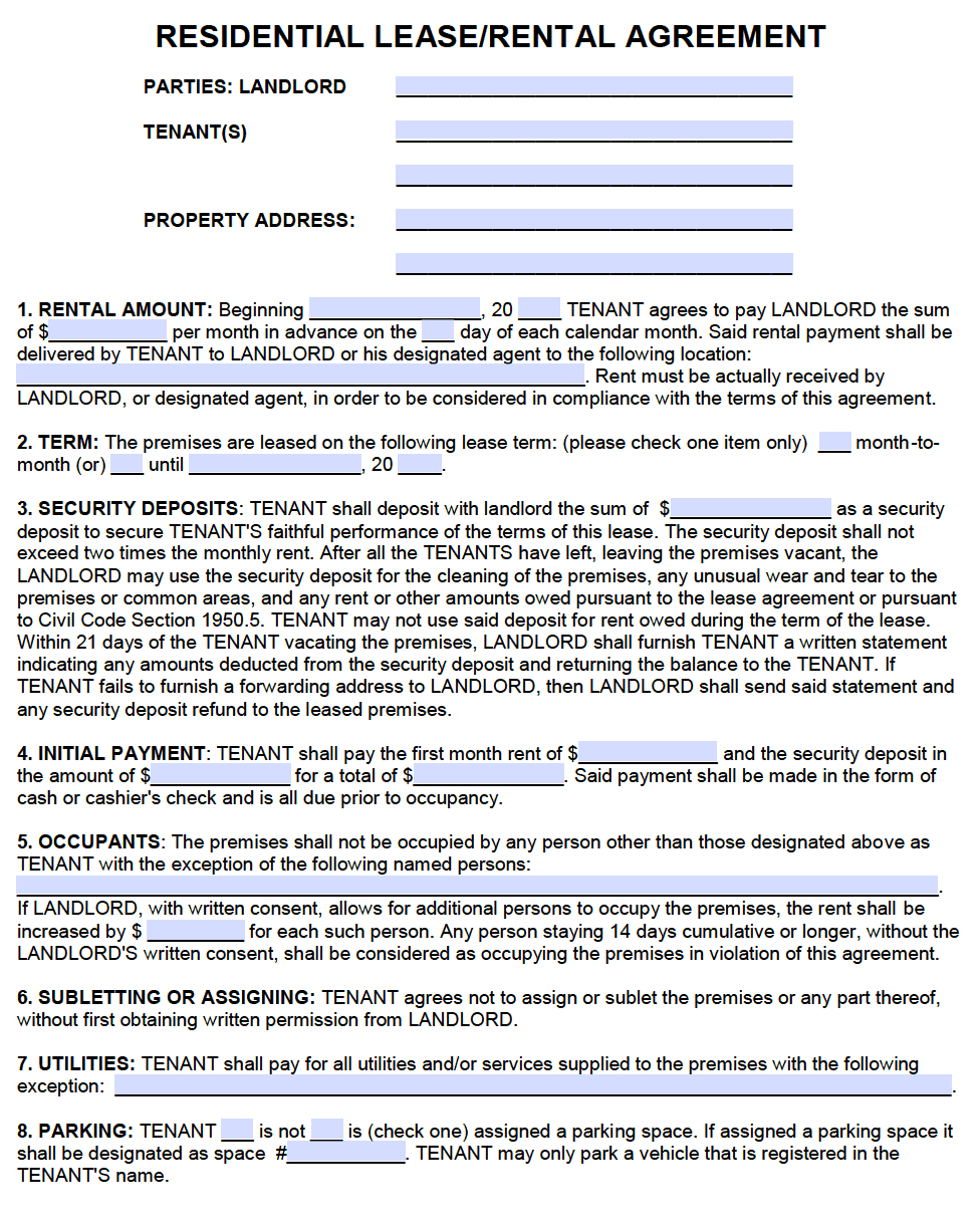 Free Printable California Residential Lease Agreement Free Printable 