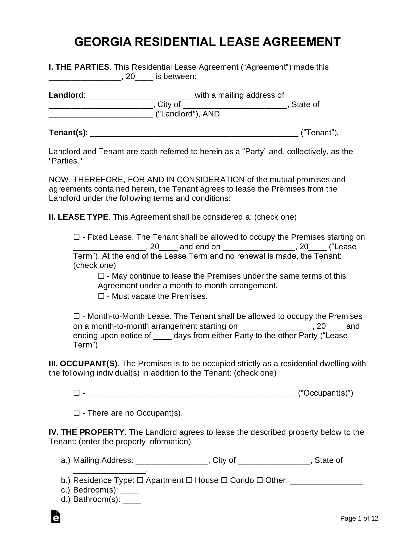 FREE Printable Georgia Lease Agreement PDF Printable Lease Agreement