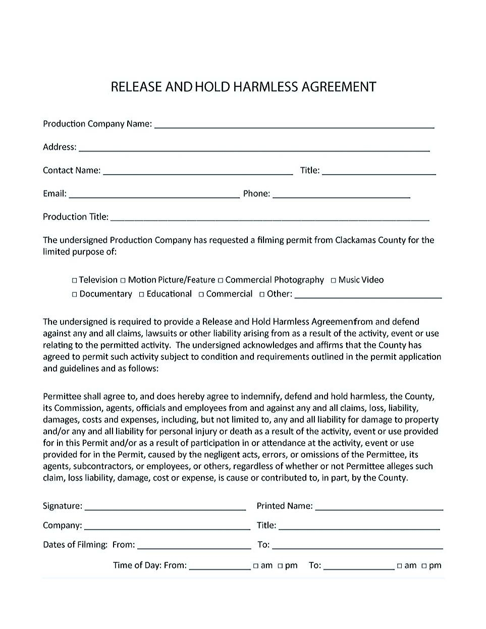 Free Printable Hold Harmless Agreement Template Printable Form 
