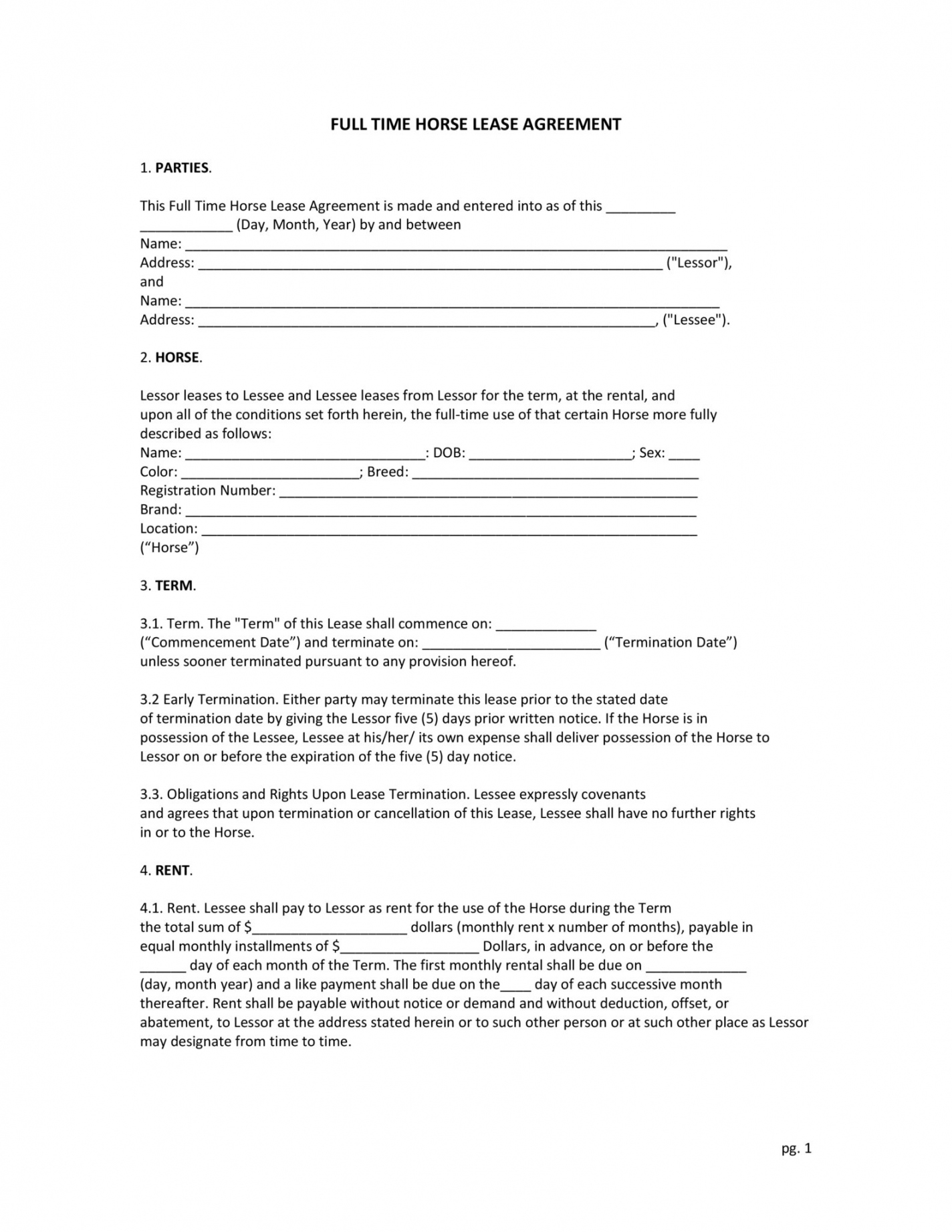 Free Printable Horse Lease Agreement FREE Printable A Z