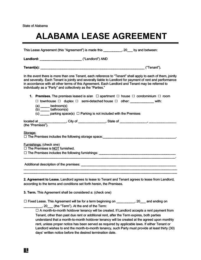 FREE Printable Lease Agreement Alabama Printable Lease Agreement