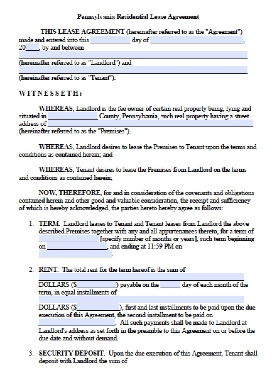 Free Printable Lease Agreement Pa Free Printable