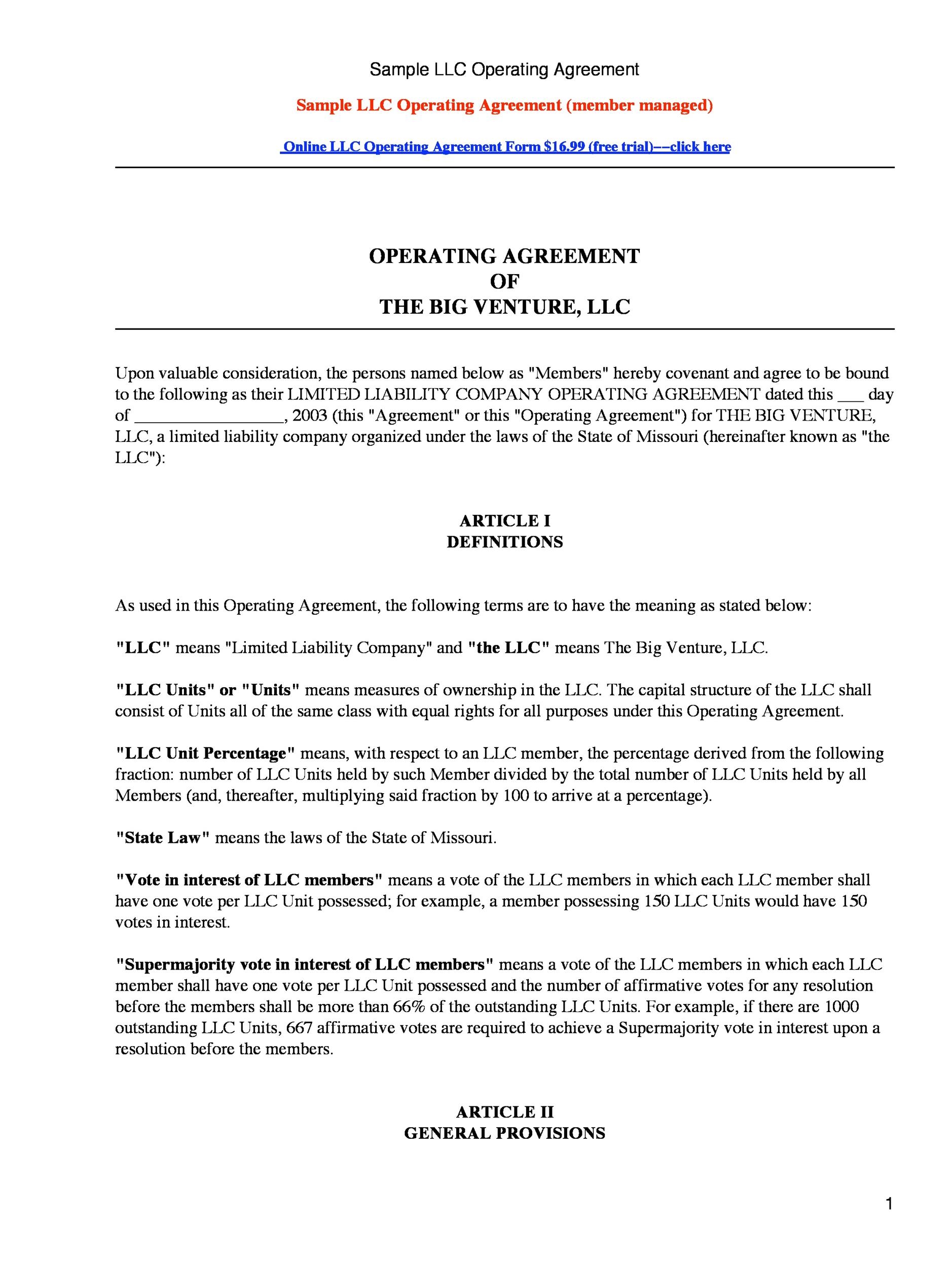 Free Printable Llc Operating Agreement