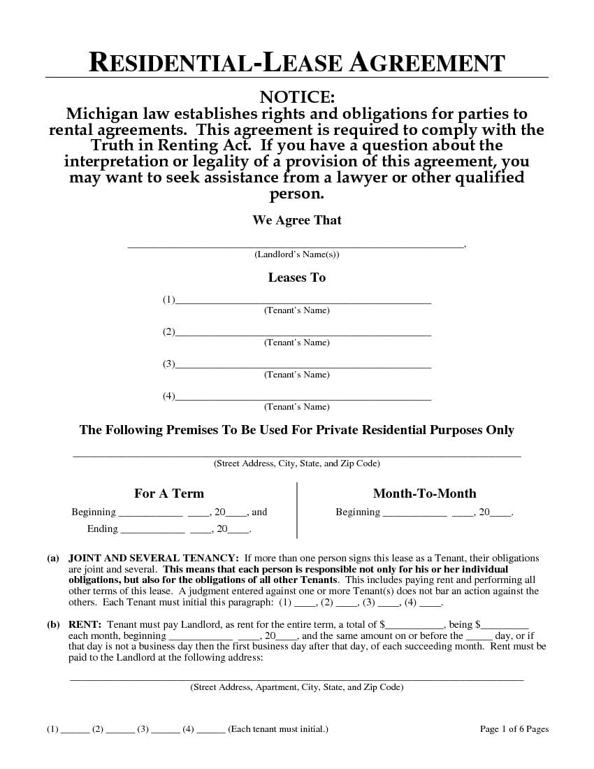 FREE Printable Michigan Residential Lease Agreement Printable Lease 