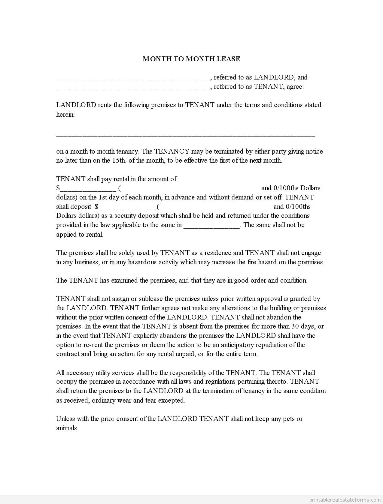 Free Printable Month To Month Rent Agreement