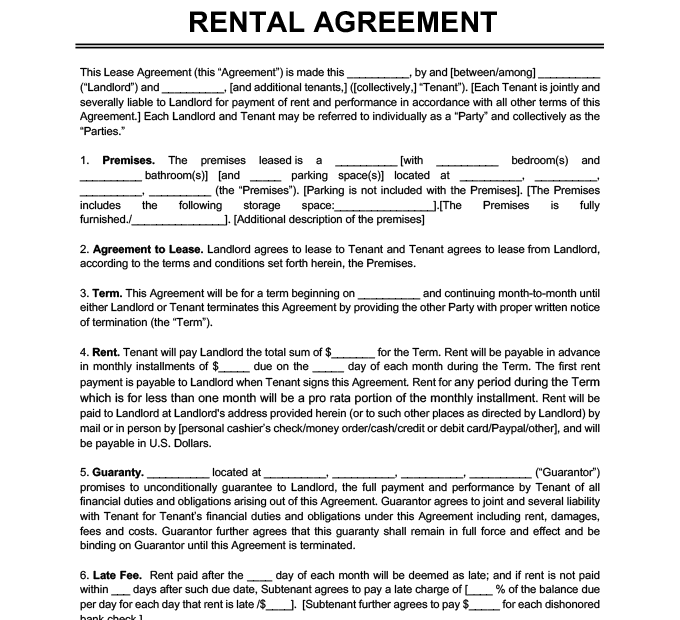 Free Printable Month To Month Rental Agreement Pennington