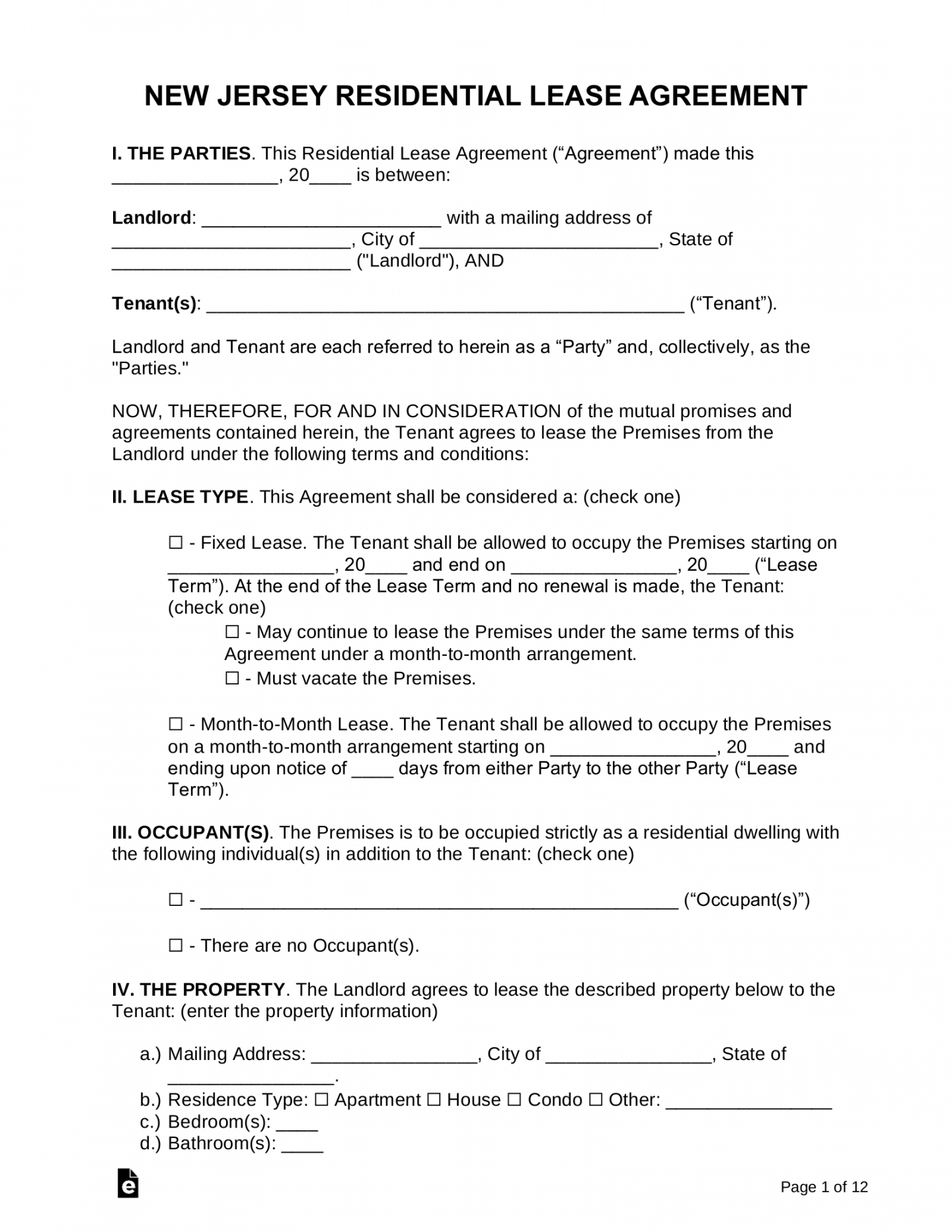 Free Printable Nj Residential Lease Agreement FREE Printable A Z