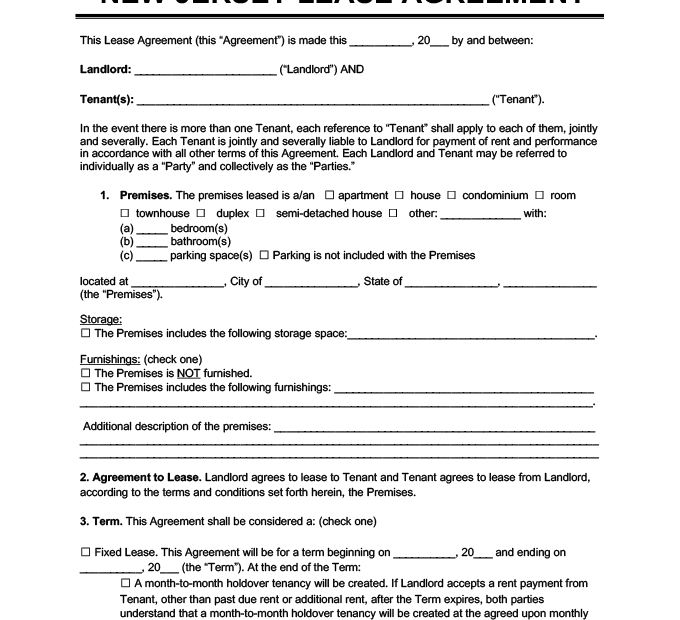 FREE Printable NJ Residential Lease Agreement Printable Lease Agreement