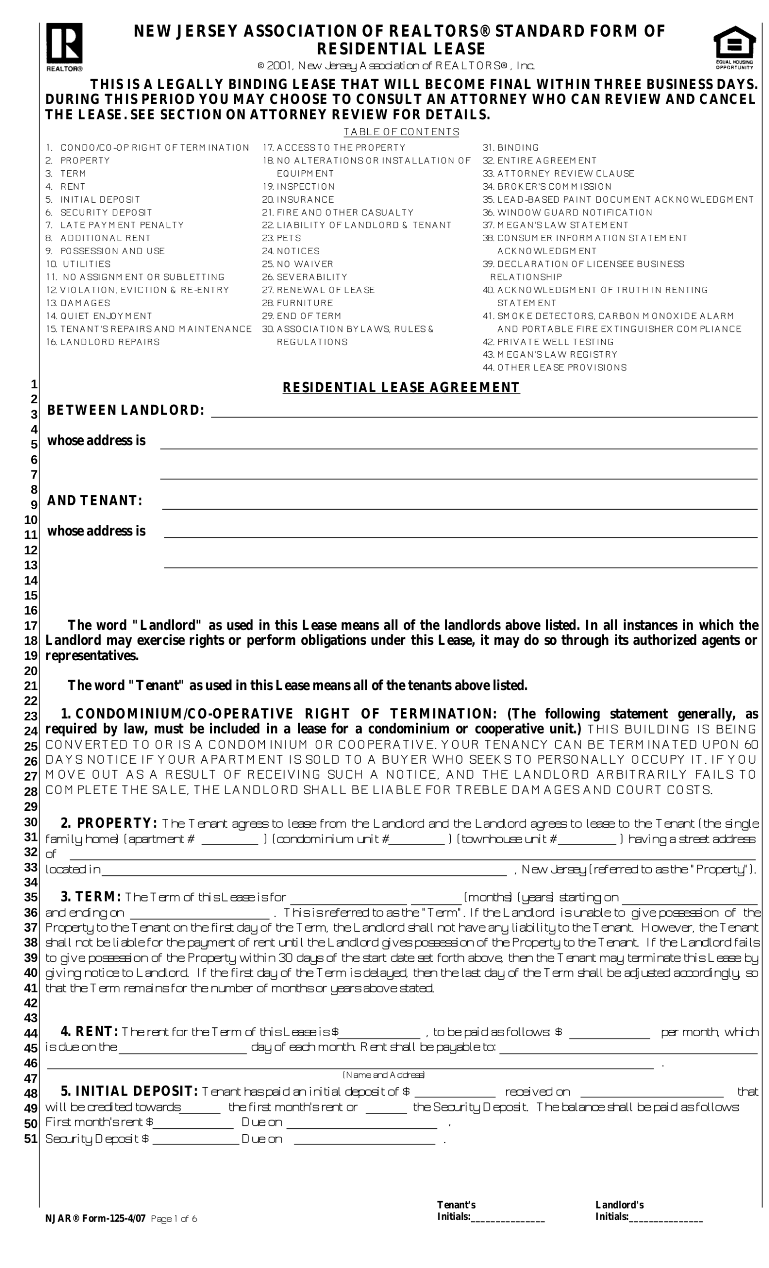 FREE Printable NJ Residential Lease Agreement Printable Lease Agreement