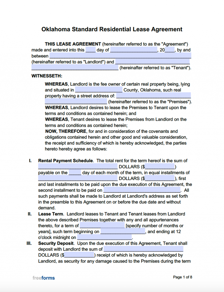 FREE Printable Oklahoma Residential Lease Agreement Printable Lease 