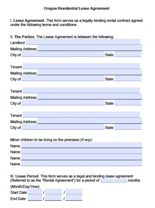Free Printable Oregon Rental Agreement