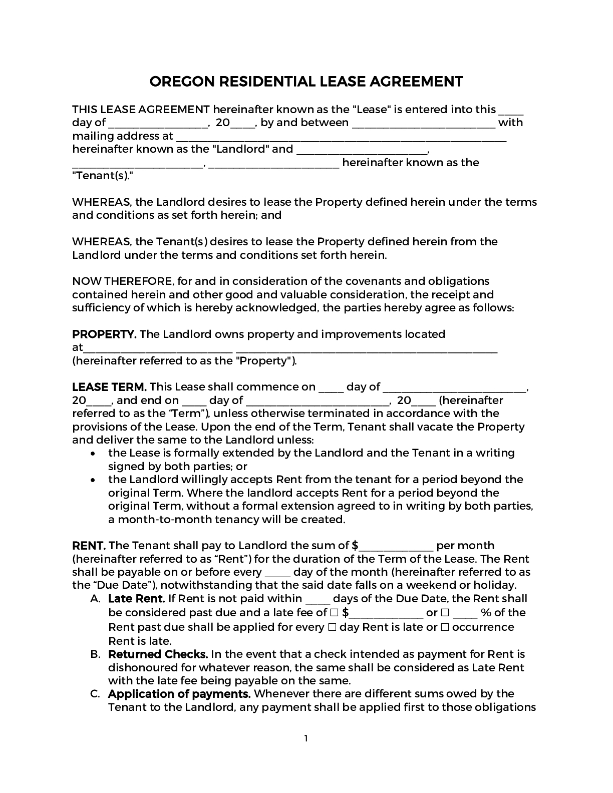 Free Printable Oregon Rental Agreement
