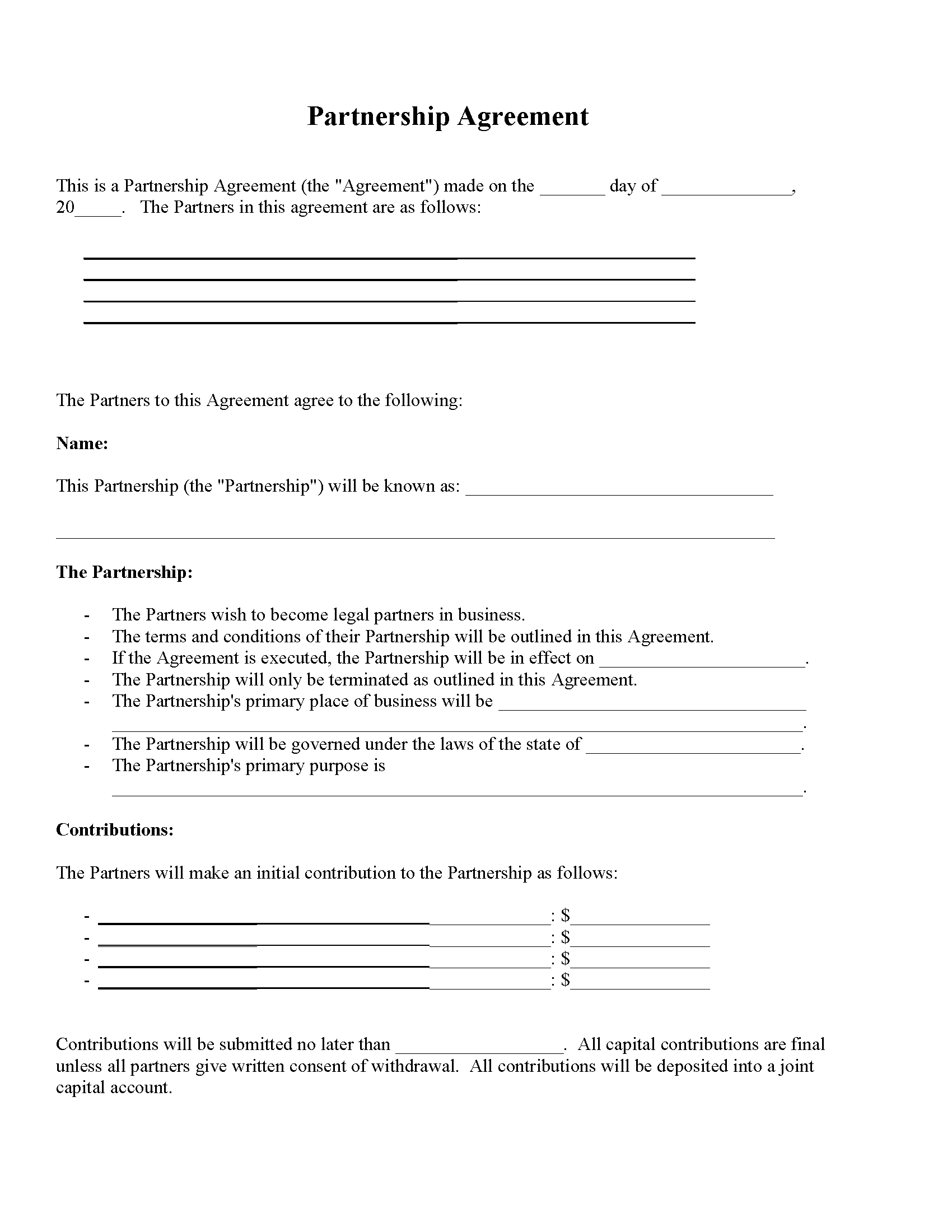 Free Printable Partnership Agreement Form Printable Form 2024