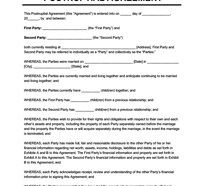 Free Printable Postnuptial Agreement Form Printable Forms Free Online