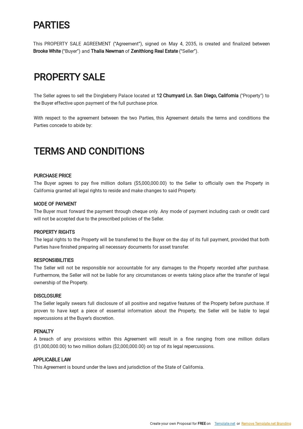 Free Printable Property Sale Agreement Template Google Docs Word 