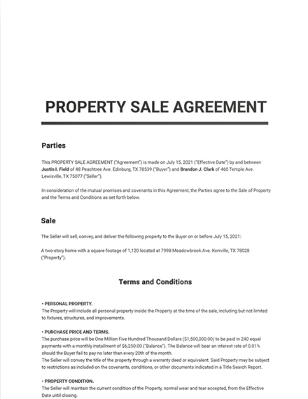 Free Printable Property Sale Agreement Template Google Docs Word 