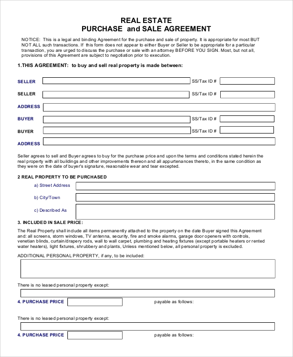 Free Printable Real Estate Purchase Agreement
