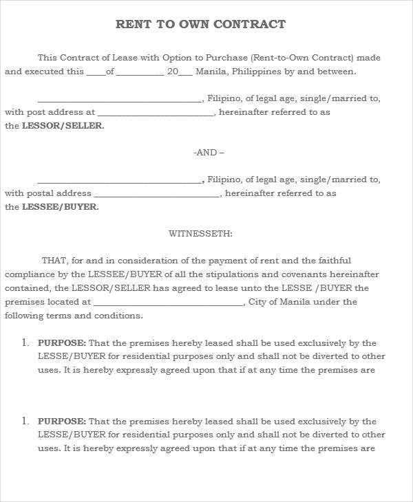 Free Printable Rent To Own Lease Agreement