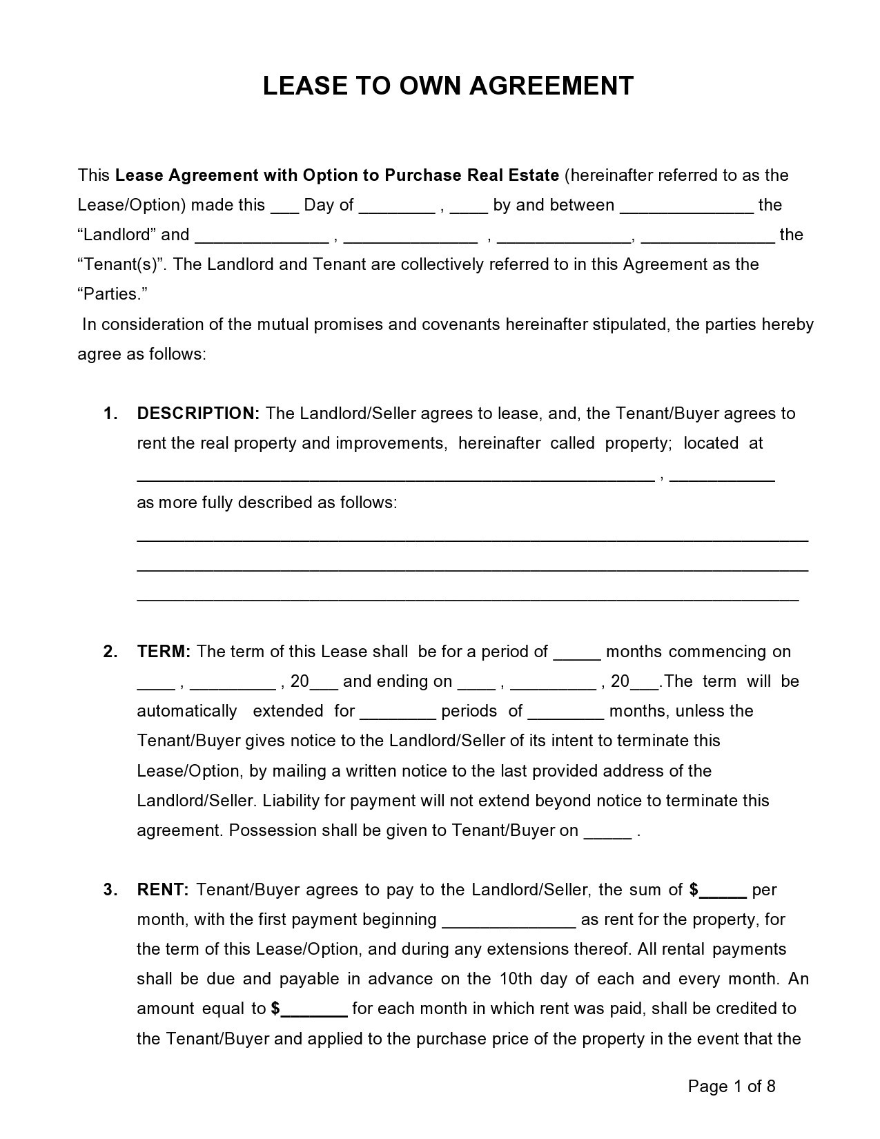 Free Printable Rent To Own Lease Agreement