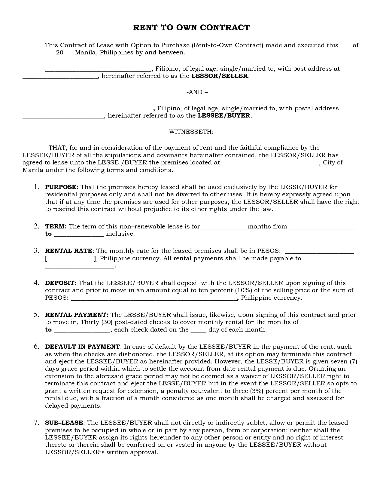 FREE Printable Rent To Own Lease Agreement Printable Lease Agreement